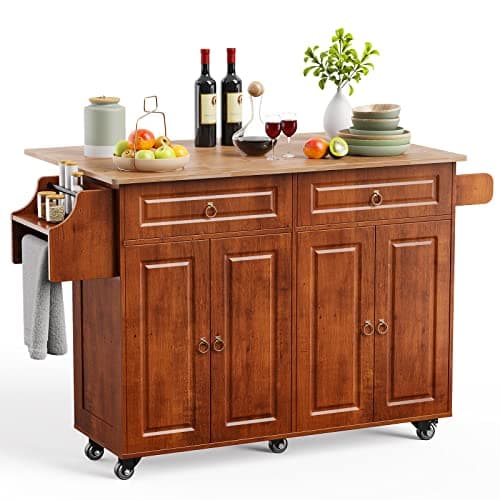 Qsun Kitchen Island with Drop Leaf and Storage, on Wheels Two Drawers, Large Storage Cabinet, Towel Rack Spice Cart Brown - Image 1