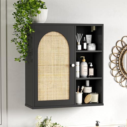 Rattan Bathroom Wall Cabinet, Boho Medicine Wall Cabinets with Door and Adjustable Shelves, Tall Kitchen Wall Mounted Storage Cabinet, Floating Hanging Cabinet Space Saver for Laundry Room,Black - Image 1