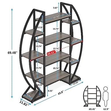 Tribesigns Oval Bookshelf, Triple Wide 5 Tier Etagere Bookcases, Industrial Display Shelves for Living Room (Gray, 55") - Image 2