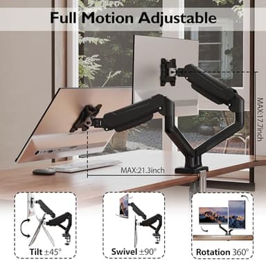 BONTEC Monitor Arm Desk Mount, Gas Spring Monitor Stand, Adjustable Full Motion VESA with C Clamp & Grommet Base, Supports 6.6-19.8lbs LCD/LED Tilt, Swivel, Rotation (Dual Arms, 13-32 Inch) - Image 5