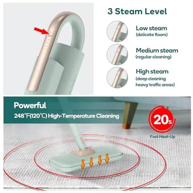 Newbealer Steam Mop & Detachable Handheld Cleaner, 250ml 1200W Powerful Floor Steamer, 3 Adjustable Levels for Carpet Laminate Hardwood Grout, Carpet Glider, 11 Multi-purpose Accessories & 2 Pads - Image 2