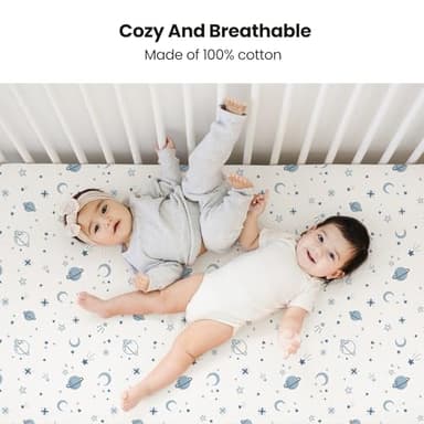 Konssy Muslin Crib Sheets for Boys, Soft Cotton Neutral Baby Sheets for Standard Crib Mattress 2 Pack, 52"x28" (Star,Blue) - Image 2