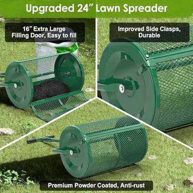 Seeutek Compost Spreader - 24" Peat Moss Spreader with 3 Heights, Top Soil Spreader W/Upgraded Side Latches Support Rod Powder Coated Metal Mesh Top Dressing Spreader for Lawn, 2 Way Uses-Push or Tow - Image 5