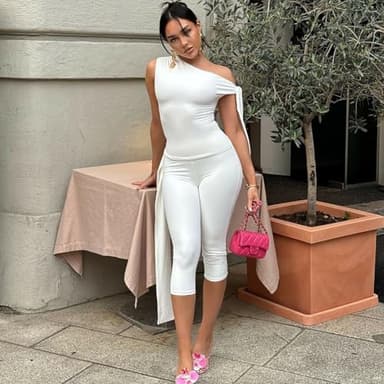 Elainone Capri Sets Women 2 Piece Outfits Sexy One Shoulder Sleeveless Crop Tops Bodycon Pant Sets - Image 4