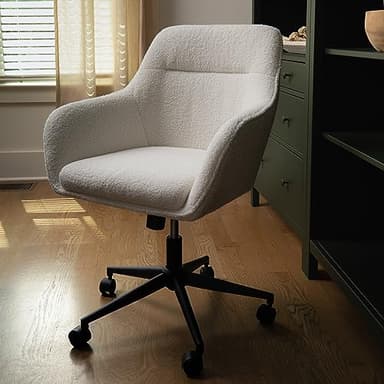 Martha Stewart Rayna Swivel Task Chair with Flared Arms for Home Office in White Boucle with Oil Rubbed Bronze Frame - Image 2