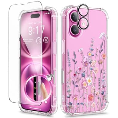 GVIEWIN for iPhone 16 Case, with Screen Protector & Camera Lens Protector, Floral Shockproof Protective Bumper Slim Soft Clear Phone Cover for Women 2024 6.1"(Floratopia/Colorful) - Image 1
