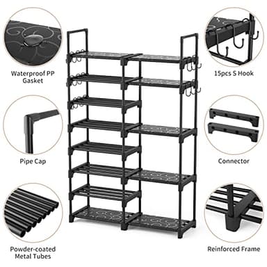 ROJASOP Shoe Rack Organizer, 8-Tier Metal Shoe Rack for Closet Entryway Garage, 26-32 Pairs Tall Shoe Boot Storage Shelf with 15 Hooks, Stackable Large Shoe Stand - Image 5