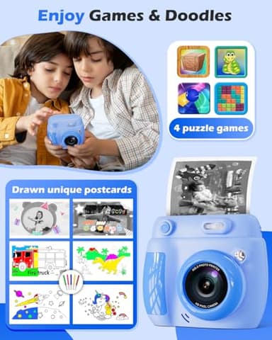 Kids Camera Instant Print, Christmas Birthday Gifts Toys for 3-10 Year Old Boys Girls, 1080P Video 20MP Toddler Digital Camera with 3 Rolls Paper & 32GB Card - Blue - Image 4