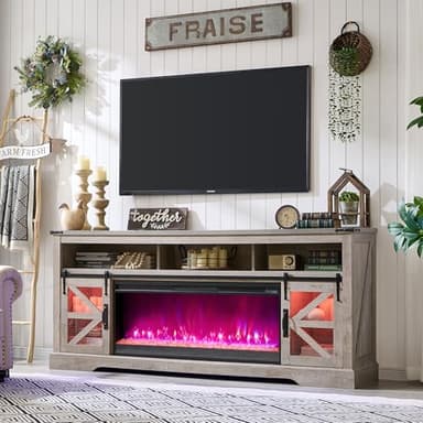 OKD 75" Fireplace TV Stand for 85" TV, 33" Tall Highboy Farmhouse Entertainment Center w/ 42'' Electric Fireplace, LED Light, Rustic Media Console w/Sliding Barn Door for Living Room, Light Rustic Oak - Image 6