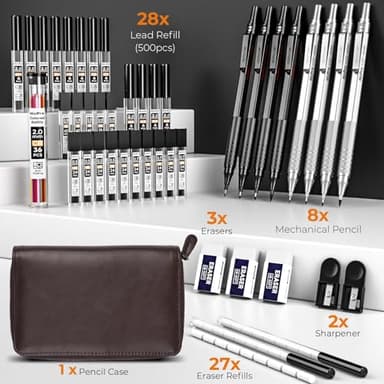 Nicpro 45PCS Black & Silver Metal Mechanical Pencil Set in Leather Case, Art Drafting Pencil 0.5, 0.7, 0.9 mm, 2mm Lead Holders for Sketching Drawing With 27 Tube (6B 4B 2B HB 2H 4H Colors)Lead Refill - Image 2