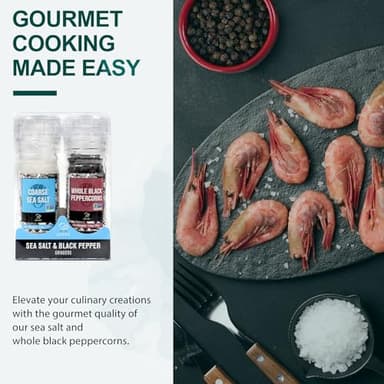 Soeos Sea Salt 3.5 oz + Black Peppercorns 1.8 oz, Salt for Grinder Refill, Salt and Peppercorns, Pepper Grinder Refill, Non-GMO Spice Seasoning Set For Cooking (150g Grinders, Glass Bottle) - Image 8