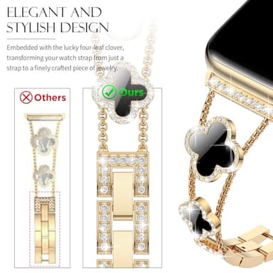 CTYBB Bling Diamond Band Compatible with Apple Watch Bands for Women 40mm 41mm 38mm 42mm Series 11 10 9 8 7 6 5 4 SE 3 2 1, Sparkle Metal Bracelet Wristband, Cute Lucky Clover Dressy iWatch Band,Gold/Black - Image 3