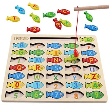 Magnetic Wooden Fishing Game Toy for Toddlers, Alphabet Fish Catching Counting Games Puzzle with Numbers and Letters, Preschool Learning ABC Math Educational Toys 3 4 5 Years Old Girl Boy Kids - Image 1