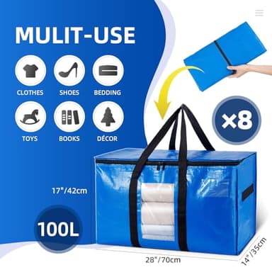 TAILI Extra Large Moving Bags, 8 Pack Blue Heavy Duty Totes For Storage with Visible Window, Wrap Around Handles, Storage Bags for Space Saving, Alternative to Moving Boxes - Image 6