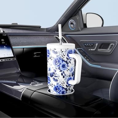 Meoky 40 oz Tumbler with Handle and Straw: Stainless Steel Insulated Tumbler with Lid and Straw - 100% Leak Proof Tumbler for Car Cup Holders - Travelers Commuters Workers, Blue Rose - Image 2
