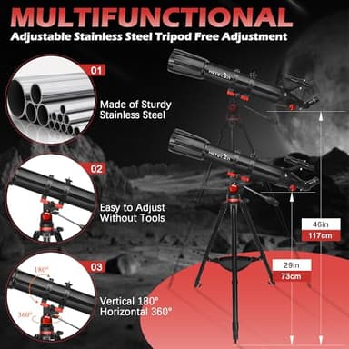 Telescope,Telescope for Adults High Powered, 90mm Aperture 900mm Professional Refractor Telescopes for Kids & Beginners, Magnification 450X,for Planet Observation with Stainless Tripod & Phone Adapter - Image 4