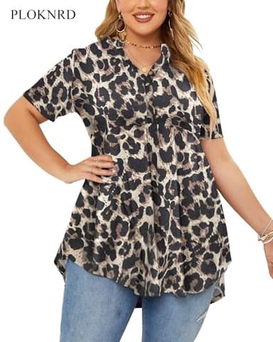 PLOKNRD Women's Plus Size Tops Short Sleeve Henley V Neck Button Up Flowy T Shirts Tunic Loose Blouses Spotted Leopard - Image 2