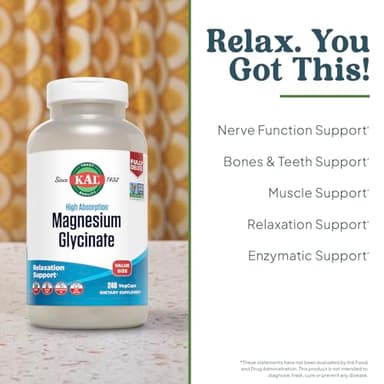 KAL Magnesium Glycinate, New & Improved Fully Chelated High Absorption Formula with BioPerine, Bisglycinate Chelate for Stress, Relaxation, Muscle & Bone Health Support, 60 Servings, 240 VegCaps - Image 3
