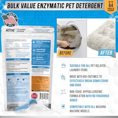 Pet Laundry Detergent Odor Remover - ACTIVE Enzyme Based Powder Detergent for Dogs Beds, Cat Pee, HE Washer Friendly Natural Enzymatic Deodorizer, Urine, Smell, Dog Drool, Stain Eliminator - 64 Loads - Image 3