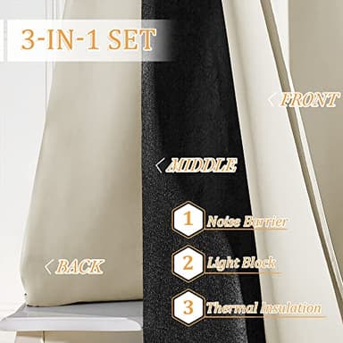 RYB HOME Soundproof Curtains 108 inches Blackout Energy Saving Grommet Curtains Window Treatment Panels for Bedroom Studio Sliding Glass Door, W 52 x L 108 inches, Beige, 2 Pcs - Image 6