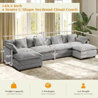 149.2" Modular Sectional Sofa,U Shaped Couch for Living Room,Modern Deep Seat Sofa 3 Seater Chenille Fabric Comfy Cloud Couches with Throw Pillows & Movable Ottoman - Image 7