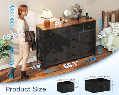 Casaottima Dresser for Bedroom with Charging Station, 55" Long Dresser with 13 Storage Drawers, Large Fabric Dressers Chests of Drawers with Shelves, Black and Vintage - Image 3