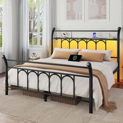 Rolanstar Full Bed Frame with USB Charging Station, LED Bed Frame with Storage Headboard, Black Metal Platform Bed with Sleigh Headboard and Footboard, No Box Spring Needed, Noise Free - Image 1