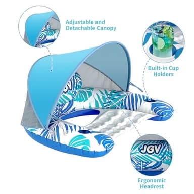 Pool Float for Adults with Canopy, XL Inflatable Chair Lounge Floaties with Adjustable Sun Shade Cover, Drink Holder, Ergonomic Headrest - Image 2