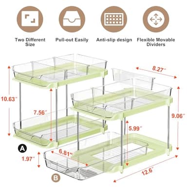 Delamu 2 Sets of 2-Tier Multi-Purpose Bathroom Under Sink Organizers and Storage, Stackable Kitchen Pantry Organization, Pull Out Medicine Cabinet Organizer with 8 Movable Dividers, Green - Image 2