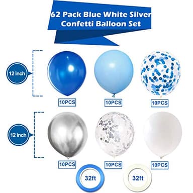 OuMuaMua 62pcs Blue Silver White Confetti Balloons Kit, 12 Inch White Royal Blue Metallic Silver Confetti Balloons for Boy Birthday Baby Shower Graduation Party Supplies - Image 5
