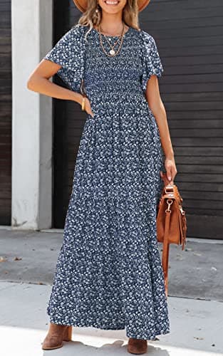PRETTYGARDEN Women's Summer Casual Flutter Short Sleeve Boho Floral Maxi Dress Crew Neck Smocked Tiered Long Dresses (Navy,Large) - Image 3