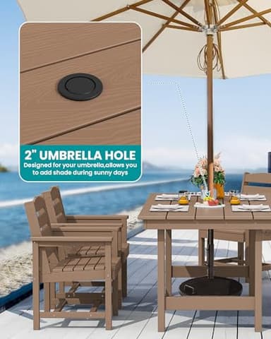 SERWALL 6-Person Outdoor Dining Table - 67" Rectangle HDPE Patio Table with Center Umbrella Hole, Weatherproof, Brown - Image 2