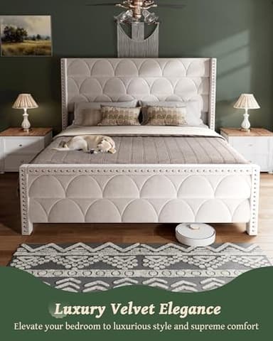 OHOHOLIVE King Size Bed Frame with 56" Headboard - 1000LBS Capacity Support, Velvet Upholstered Wingback Platform Bed Frame, Noise Free, Sturdy Wooden Slat Support - Image 4