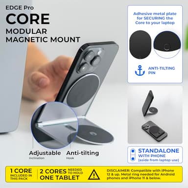 Rolling Square Edge Pro Core - Magnetic Mount Phone Holder Stand for Computers and Tablets | Secure Metal Plate Adhesive or Standalone Mode Compatible with MagSafe, Qi, and Non-MagSafe Devices, Black - Image 3