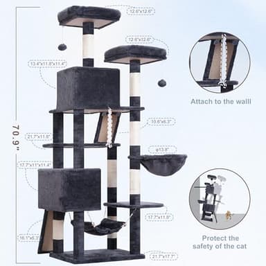 Gitelsnour Cat Tree for Indoor Cats, 71'' (180cm) Multi-Level Cat Tower for Large Adult, Sturdy Cat Tree House with 2 Scratching Boards 7 Posts, 2 Plush Perches/Condos, Hammock, Smoky Gray GCT032G - Image 6
