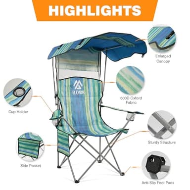 Elevon Camping Chair, Oversized Folding Chair with Canopy, Portable Outdoor Chair with Arms, Cup Holder and Carry Bag for Camping, Fishing, Beach, and Sports, Multi-Color - Image 4