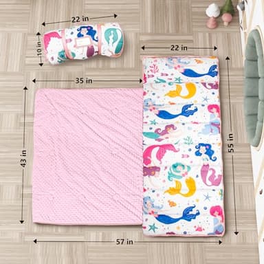 Primlect Thickened Toddler Nap Mat with Removable Pillow and Minky Blanket, Extra Large 55''x35'' Sleeping Bag, Washable, Roll up, Perfect for Daycare, Preschool, Kindergarten, Boys and Girls Mermaid - Image 2
