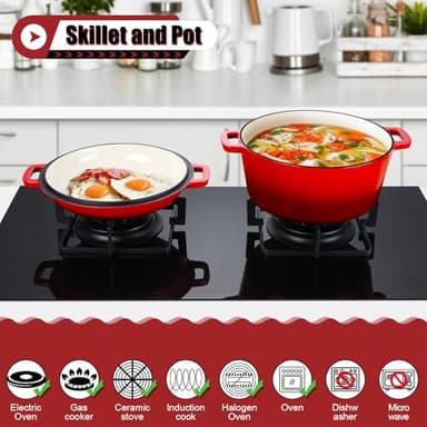 P&P CHEF 5Qt Dutch Oven Pot for Bread Baking (Red), 2 In 1 Round Cast Iron Dutch Oven with Lid Set, Skillet & Pot for Roasting Braising Stewing Frying Simmering, Multi Stoves & Oven Safe - Image 3