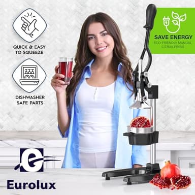 Eurolux Cast Iron Citrus Juicer | Extra-Large Commercial Grade Manual Hand Press | Heavy Duty Countertop Squeezer for Fresh Orange Juice (Bonus Stainless Steel Cup) (Black) - Image 6