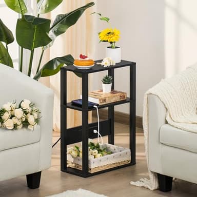 YUFAM 3-Tier Small Narrow Wood Side Table with Charging Station, Skinny Nightstand for Small Space, Slim Bedside Table with Storage for Couch, Thin End Table with USB Ports and Outlets, Black - Image 2