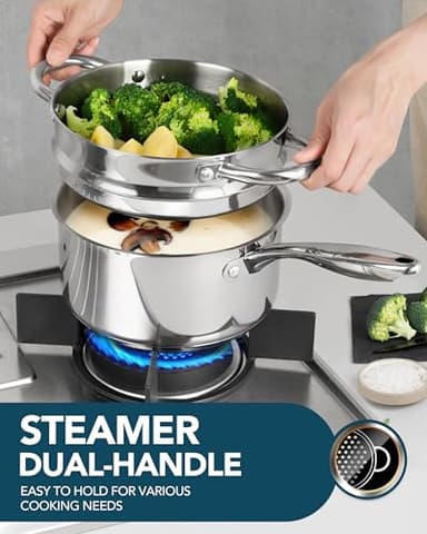 MICHELANGELO Stainless Steel Saucepans with Steamer 5Pcs, 18/10 Saucepan Set with Glass Lids, Sauce Pot Set with Triply Bottom Induction Compatible - 1QT & 2QT - Image 3