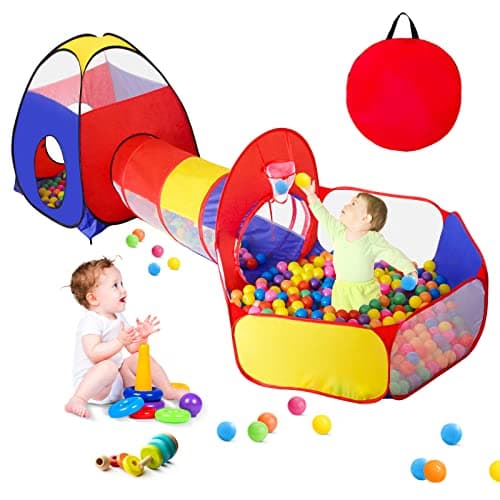 GeerWest 3 in 1 Kids Play Tent for Toddler with Baby Ball Pit and Play Tunnel, Children Indoor Outdoor Playhouse with Climbing Tunnel Toy for Toddlers, Boys and Girls Best Birthday Gifts(No Balls)