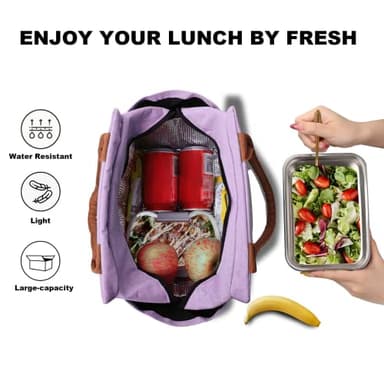 Joymee Lunch Bag Women Insulated Lunch Box Reusable Leakproof Large Spacious Cooler Tote for Women Men Adult with Bottle Holder and Side Pockets for Work Office Travel Picnic - Purple - Image 3