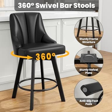 YaFiti Swivel Bar Stools with Backs, 24" Counter Height Bar Stools Set of 6, PU Leather Upholstered Counter Barstools with Solid Wood Legs for Kitchen Island, Home Bar, Black - Image 4