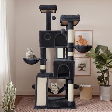 SHA CERLIN 65in Larger Cat Tree Tower Condo for Indoor Kitties/Multi-Level Furniture Activity Center with Wide Base/Cozy Plush Cat Perches/Baskets/Sisal Scratching Posts and Hammock/Dark Grey - Image 2