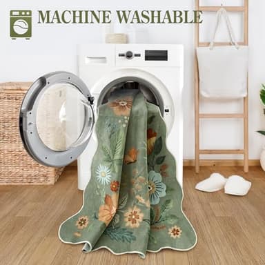 Lahome Floral Machine Washable Rug, 3x5 Rug Non Slip Soft Bedroom Rugs for Entryway Dorm, Ultra-Thin Boho Rugs for Living Room Stain Resistan Throw Carpet for Nursery Entrance, Green - Image 4