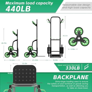 Teprovo Stair Climbing Hand Truck 440lb,Heavy Duty Dolly Cart for Stairs,Thickened Upgraded Steel Tube Folding Stair Climbing Trolley with Six Wheels and Telescoping Handle - Image 2