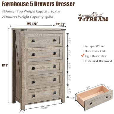 T4TREAM Farmhouse 5 Drawers Dresser Chests for Bedroom, Wood Rustic Tall Chset of Drawers,Dressers Organizer for Bedroom, Living Room,Hallway, Light Rustic Oak - Image 2