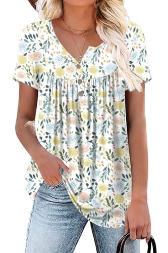 Aodemo Womens Summer Plus Size Tops 2025 Short Sleeve Shirts Henley Loose Fit Tunic Ladies Flowy Blouse 3XL, Macaron Flowers - Image 1