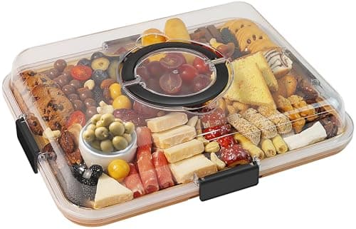 Renmxj Charcuterie Board with Clear Lid, Travel Portable Cheese Board Charcuterie Boxes Cutting Boards for Kitchen, House Warming Gifts New Home, Gifts for Women (6 Compartments Black) - Image 1